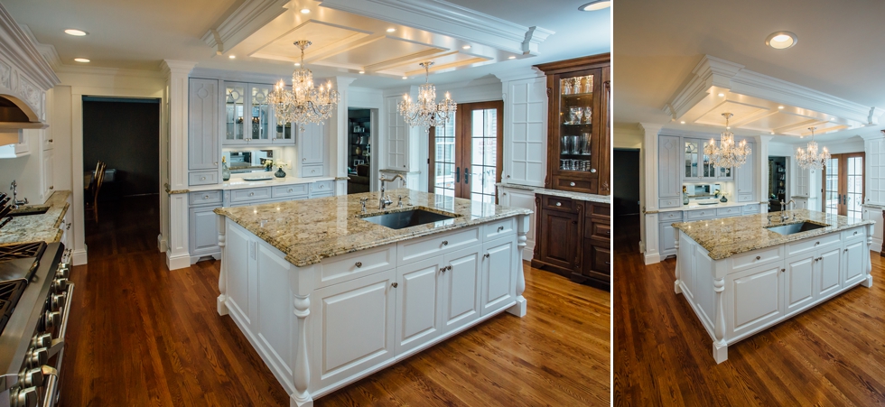 Custom Painted Kitchen - with french blue china hutch, granite countertops, light soffit, crystal chandeliers , wood bar, storage, refrigerator door