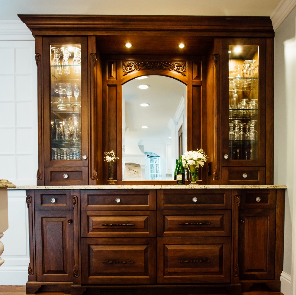 Custom Painted Kitchen - with french blue china hutch, granite countertops, light soffit, crystal chandeliers , wood bar, storage, refrigerator door