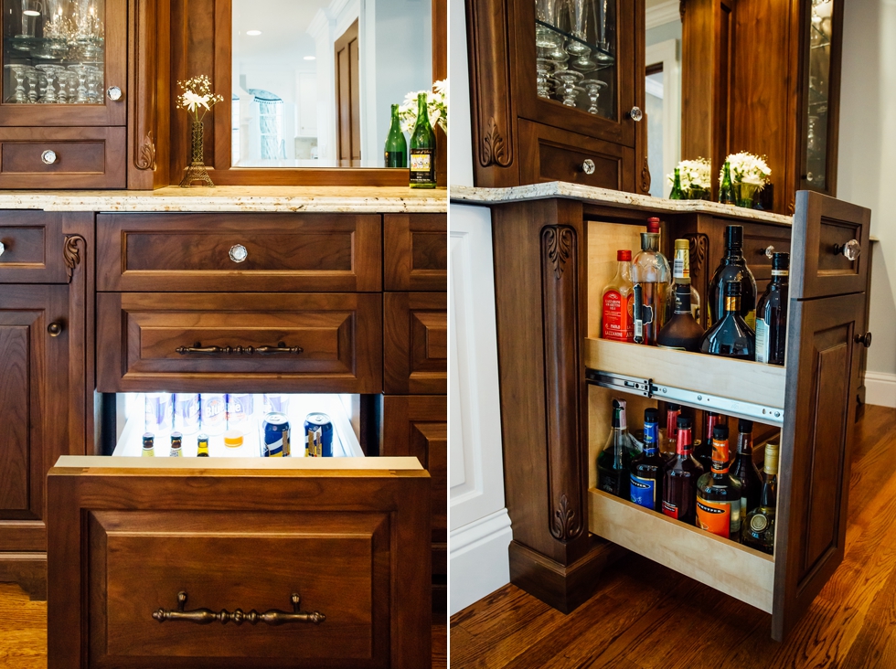 Custom Painted Kitchen - with french blue china hutch, granite countertops, light soffit, crystal chandeliers , wood bar, storage, refrigerator door