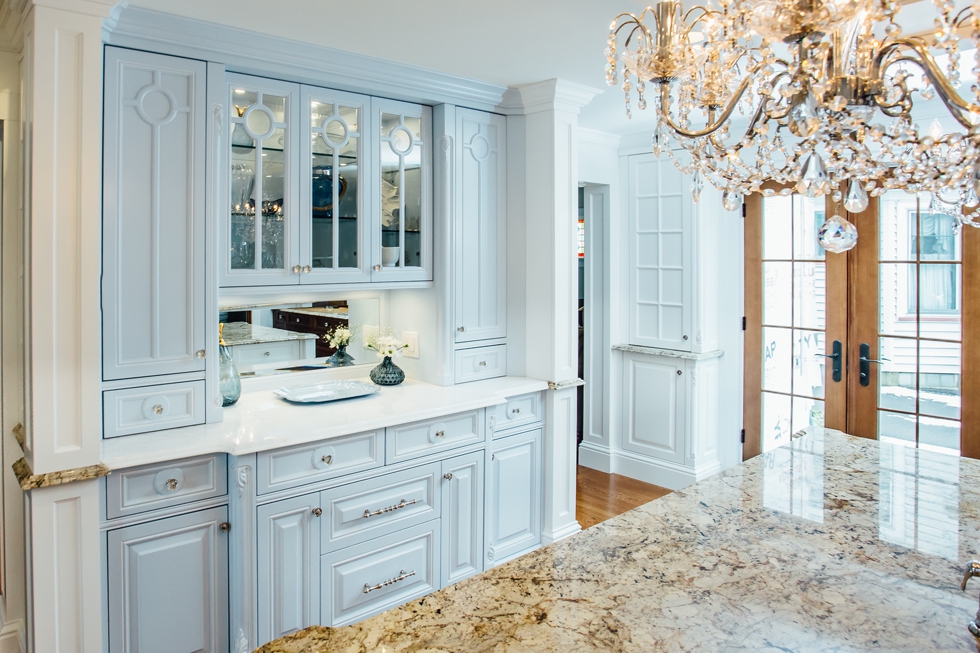 Custom Painted Kitchen - with french blue china hutch, granite countertops, light soffit, crystal chandeliers , wood bar, storage, refrigerator door