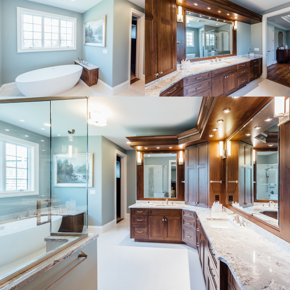 Custom made walnut master bath vanity with solid surface cambria countertops, light bar soffit, his and her double undermount sink with brushed nickel faucet, and hardware finishes. 