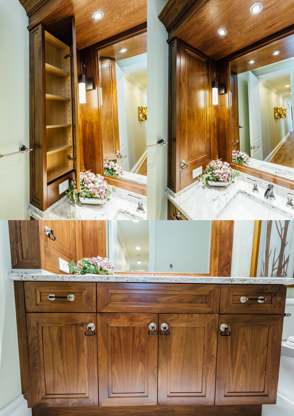 Custom made walnut bathroom guest vanity with solid surface cambria countertops, light bar soffit, creative storage on either side of mirror and undermount sink with brushed nickel faucet, and hardware finishes. 