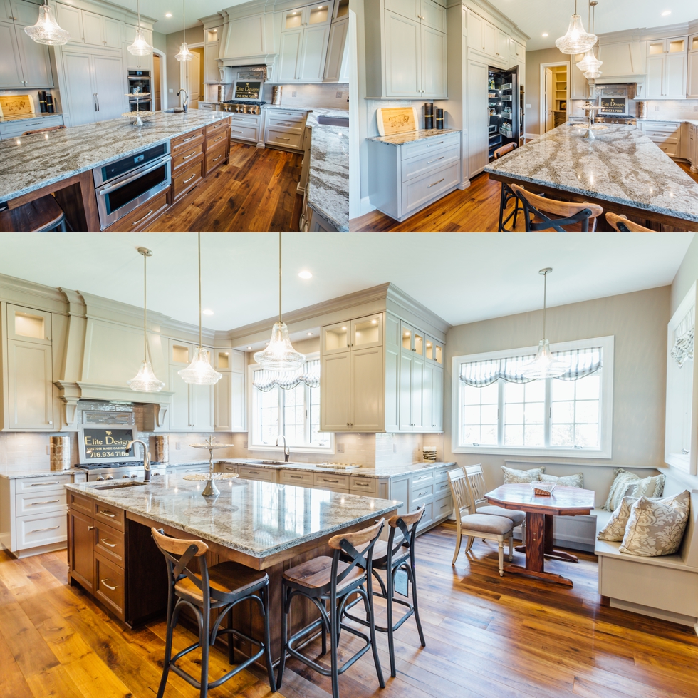 Taupe Custom Kitchen with Wood Island & Pantry - Family owned western new york custom cabinetry serving williamsville, amherst, clarence, and east aurora. #benjaminmoore #plymouthrock #recessedcabinetry #undercabinetlighting #jenn-air #woodisland #cambriacountertops #breakfastbanquet #homeshow