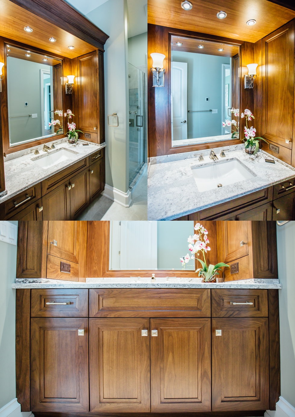 Custom made walnut bathroom guest vanity with solid surface cambria countertops, light bar soffit, creative storage on either side of mirror and undermount sink with brushed nickel faucet, and hardware finishes. 