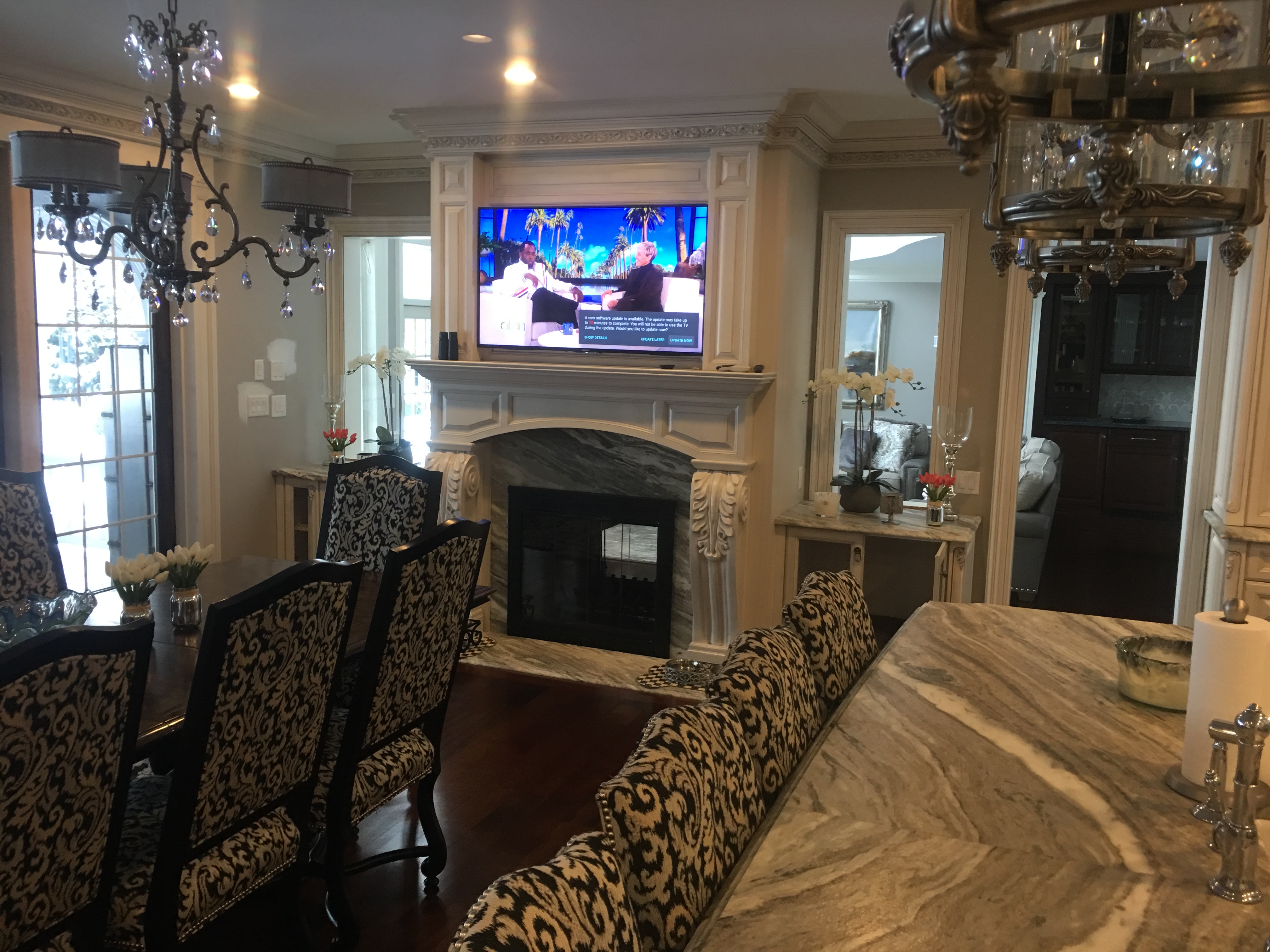 Custom Painted Kitchen - with french blue china hutch, granite countertops, light soffit, crystal chandeliers , wood bar, storage, refrigerator door