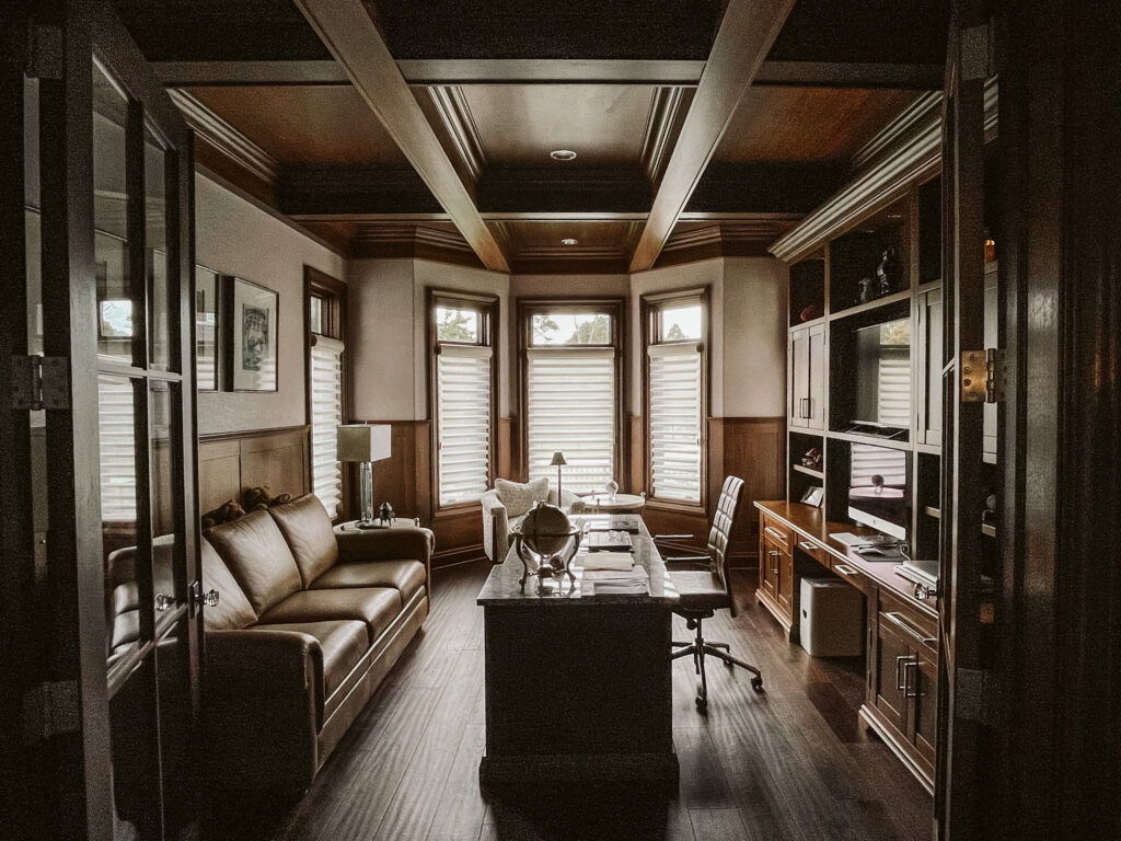 custom wood home office built ins coffered ceiling