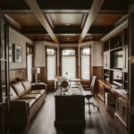 custom wood home office built ins coffered ceiling