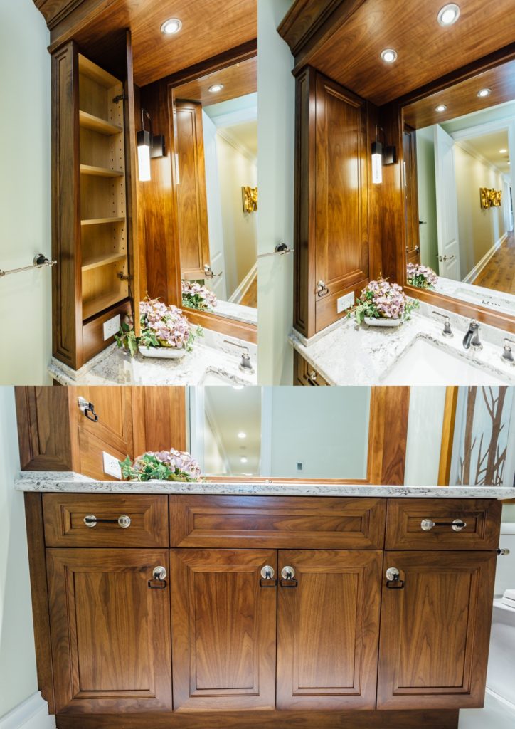 Walnut bathroom vanity - solid surface cambria countertop, powder room, guest bath, master bath, custom remodel. woodwork