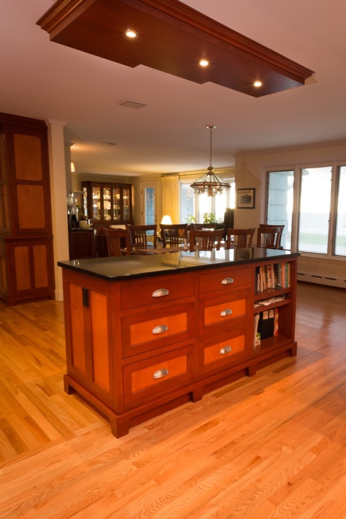 Custom Painted Kitchen - with french blue china hutch, granite countertops, light soffit, crystal chandeliers , wood bar, storage, refrigerator door