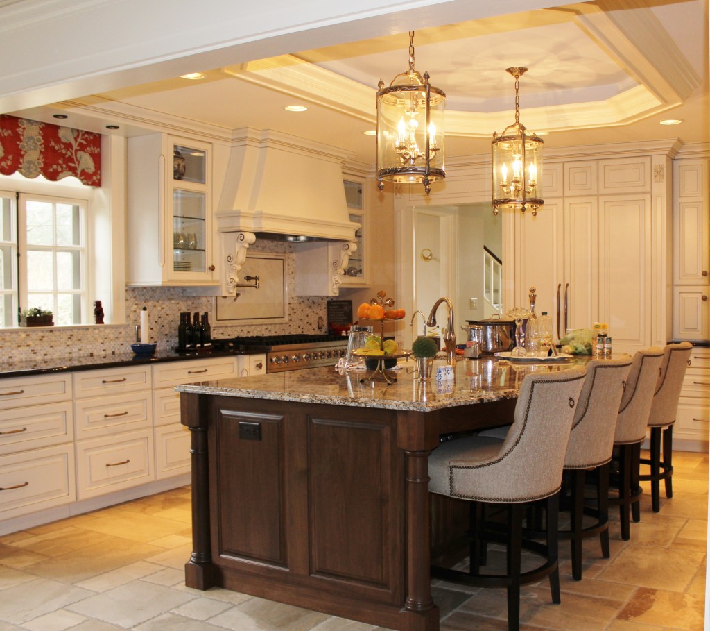 Custom Painted Kitchen - with french blue china hutch, granite countertops, light soffit, crystal chandeliers , wood bar, storage, refrigerator door