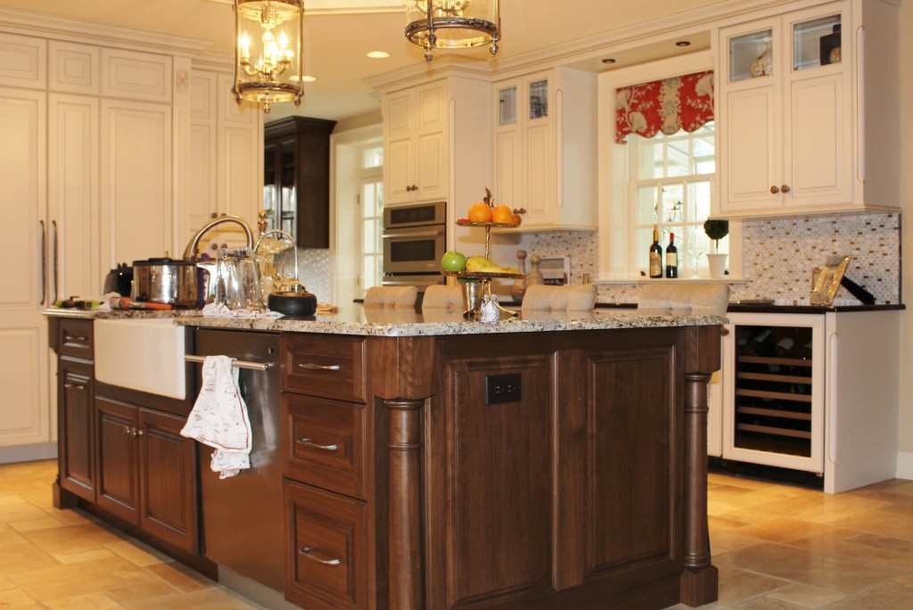 Custom Painted Kitchen - with french blue china hutch, granite countertops, light soffit, crystal chandeliers , wood bar, storage, refrigerator door