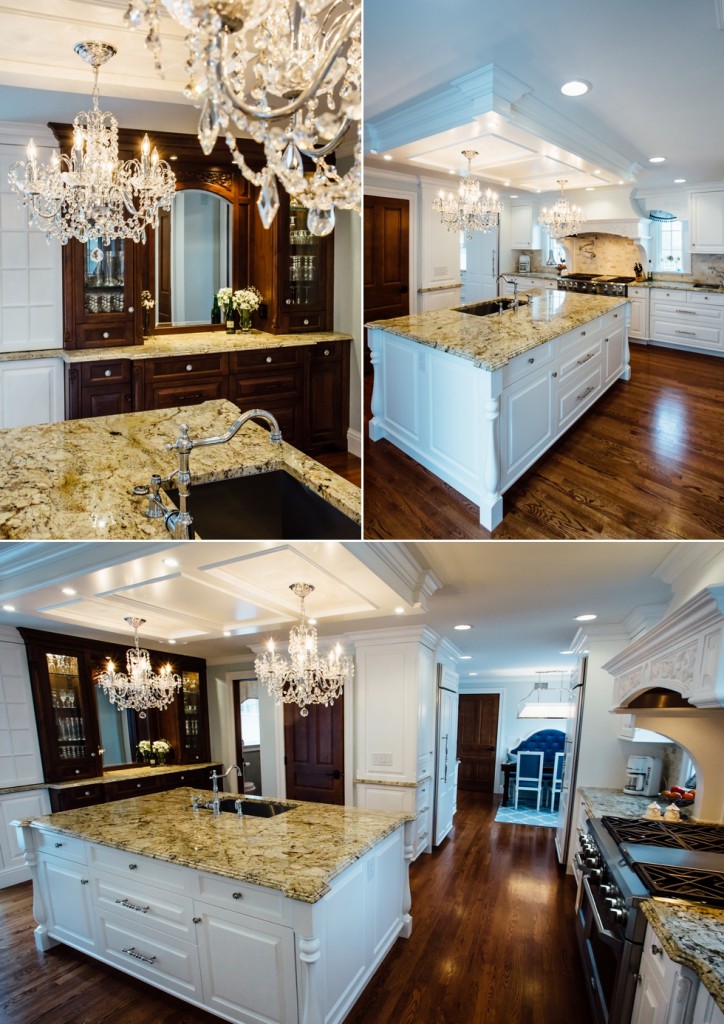 Custom Painted Kitchen - with french blue china hutch, granite countertops, light soffit, crystal chandeliers