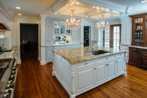 Custom Painted Kitchen - with french blue china hutch, granite countertops, light soffit, crystal chandeliers