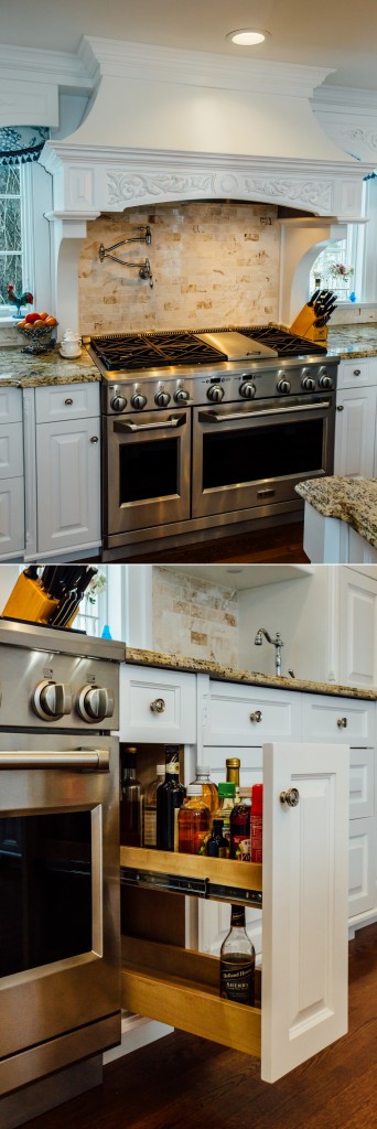 Custom Painted Kitchen - with french blue china hutch, granite countertops, light soffit, crystal chandeliers , wood bar, storage, refrigerator door