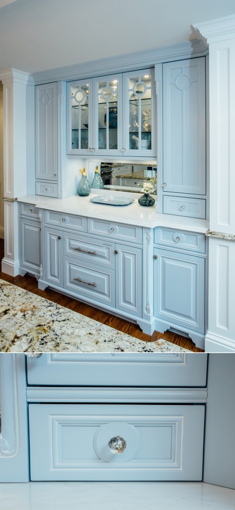 Custom Painted Kitchen - with french blue china hutch, granite countertops, light soffit, crystal chandeliers , wood bar, storage, refrigerator door