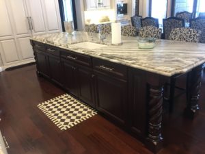 Custom Painted Kitchen - with french blue china hutch, granite countertops, light soffit, crystal chandeliers , wood bar, storage, refrigerator door