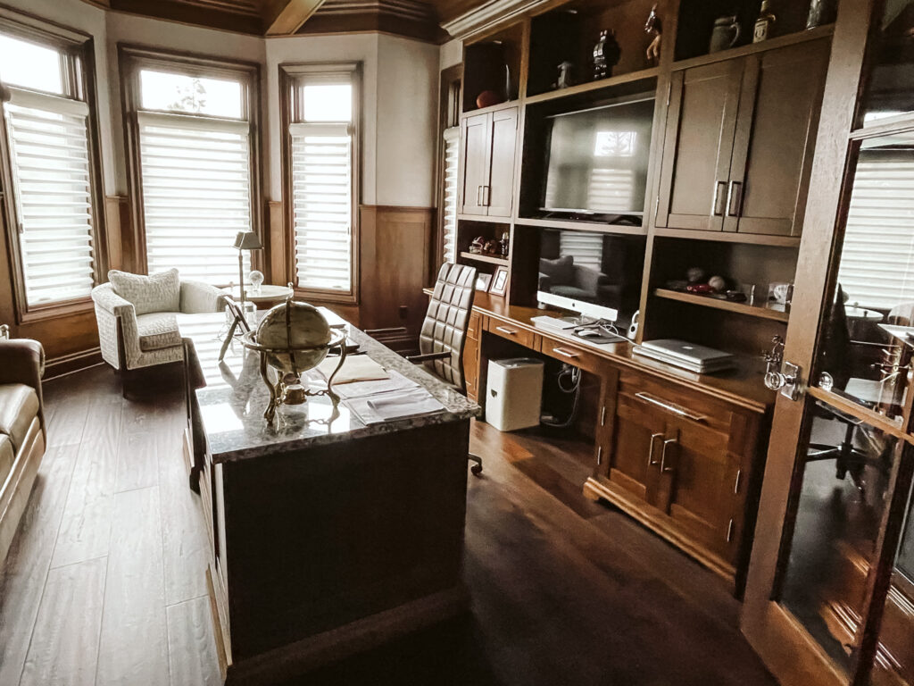 custom wood home office coffered ceiling